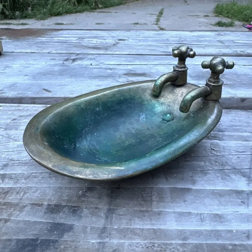 Vintage Brass Metal Footed Bathtub Soap Dish with Spigots Patina